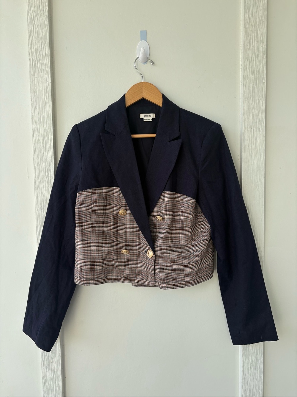Jason Wu Mixed Media Cropped Navy Plaid‎ Blazer Jacket Medium - Picture 5 of 10
